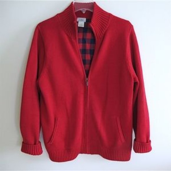 L.L. Bean Red & Blue Plaid Flannel Lined Full Zip Cardigan Sweater - Picture 11 of 15